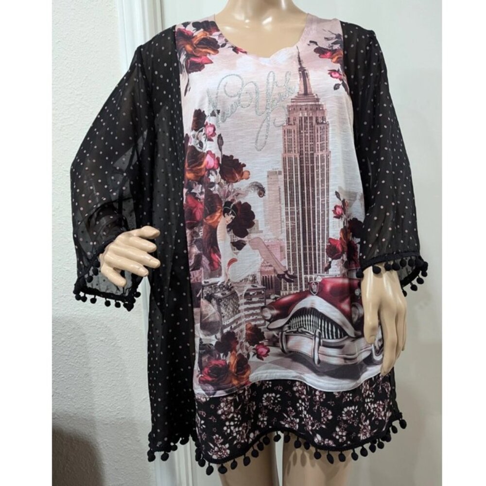Upcycled New York 1920's Theme Kaftan Top Pink Black Fringe One Size Tunic Dress